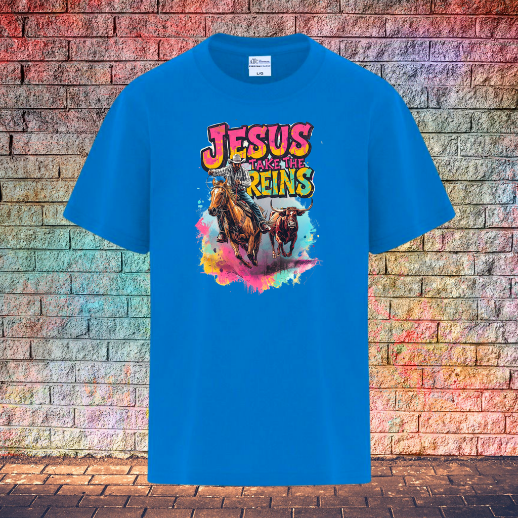 Jesus Take The Reins Cowboy and Bull - Youth T-Shirt