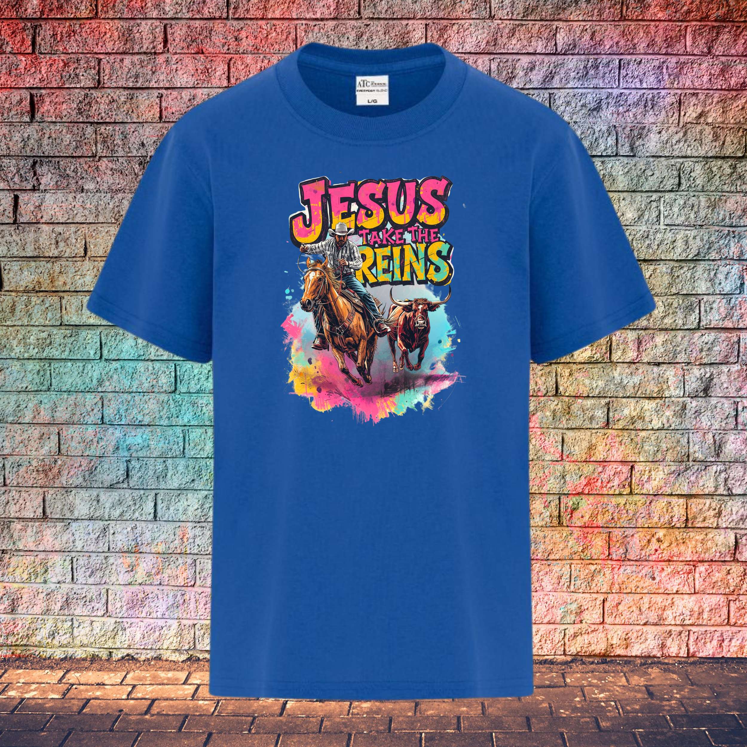 Jesus Take The Reins Cowboy and Bull - Youth T-Shirt