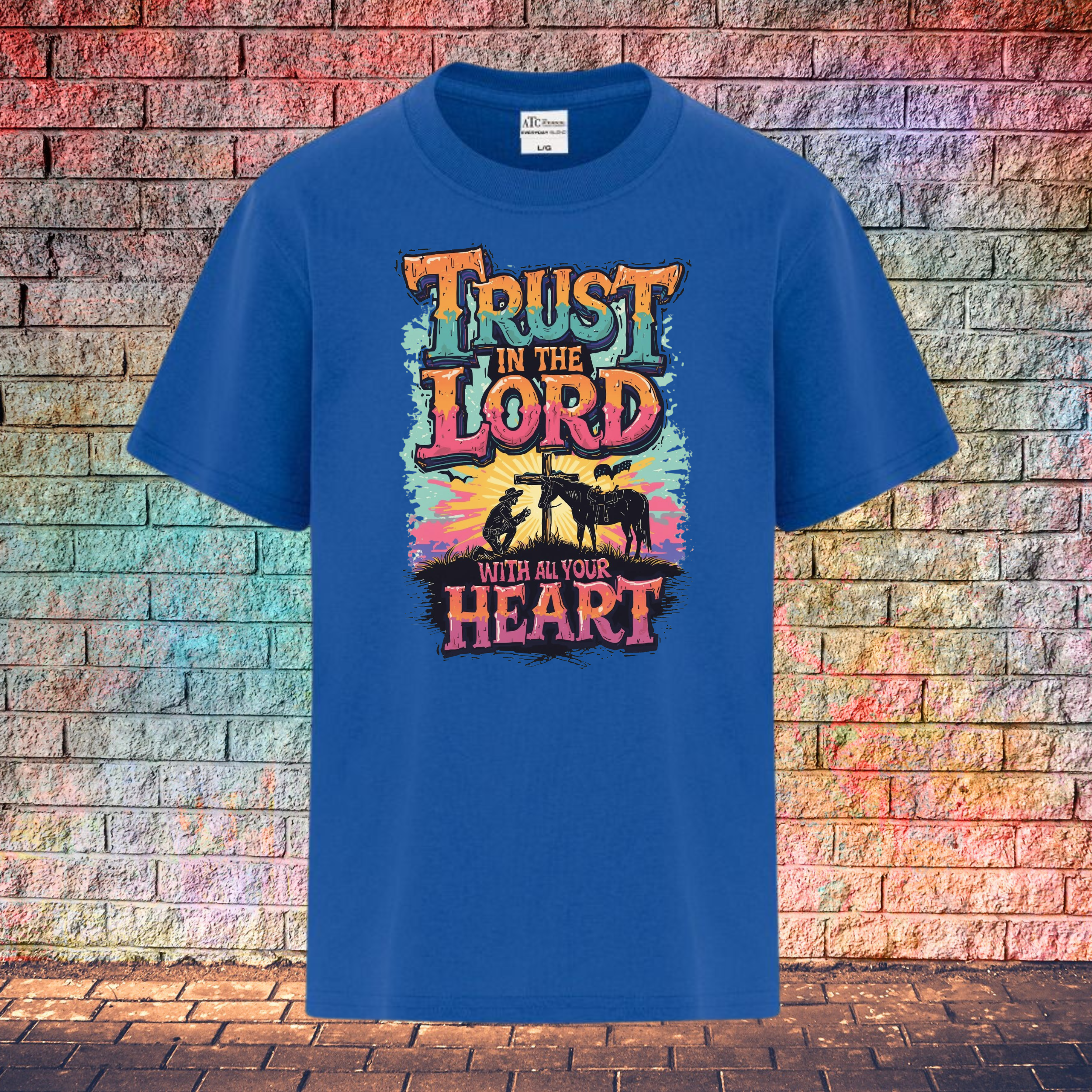 Trust In The Lord With All Your Heart / Orange and Turquoise - Youth T-Shirt