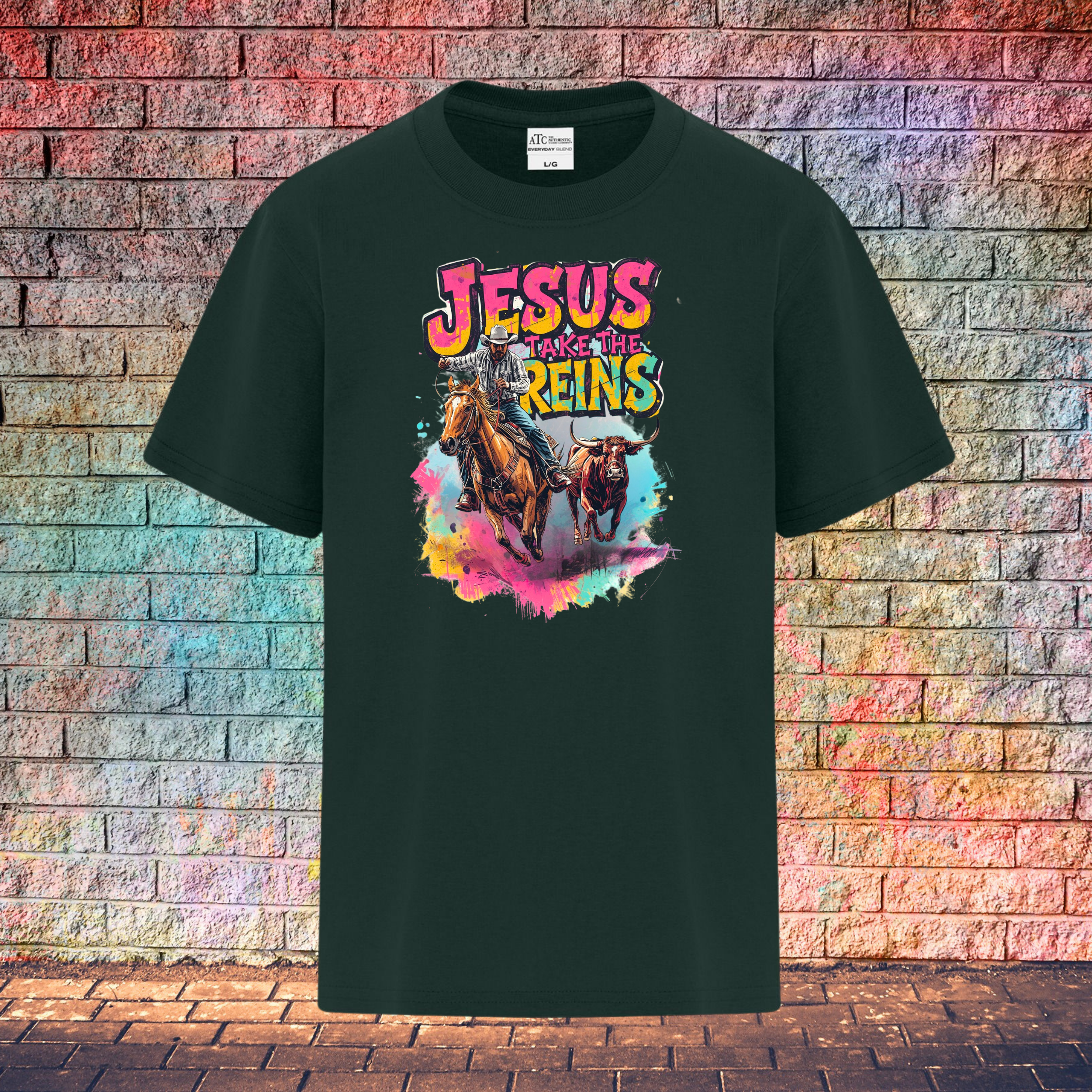 Jesus Take The Reins Cowboy and Bull - Youth T-Shirt