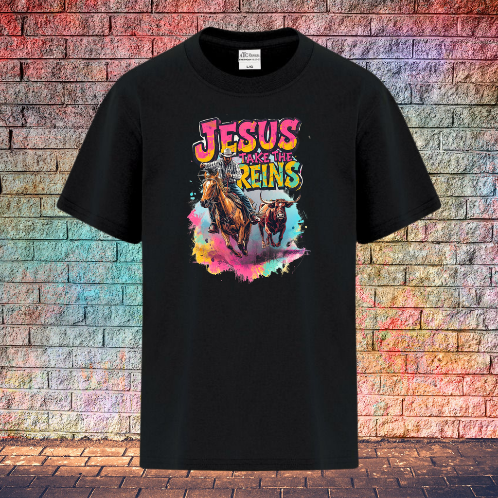 Jesus Take The Reins Cowboy and Bull - Youth T-Shirt