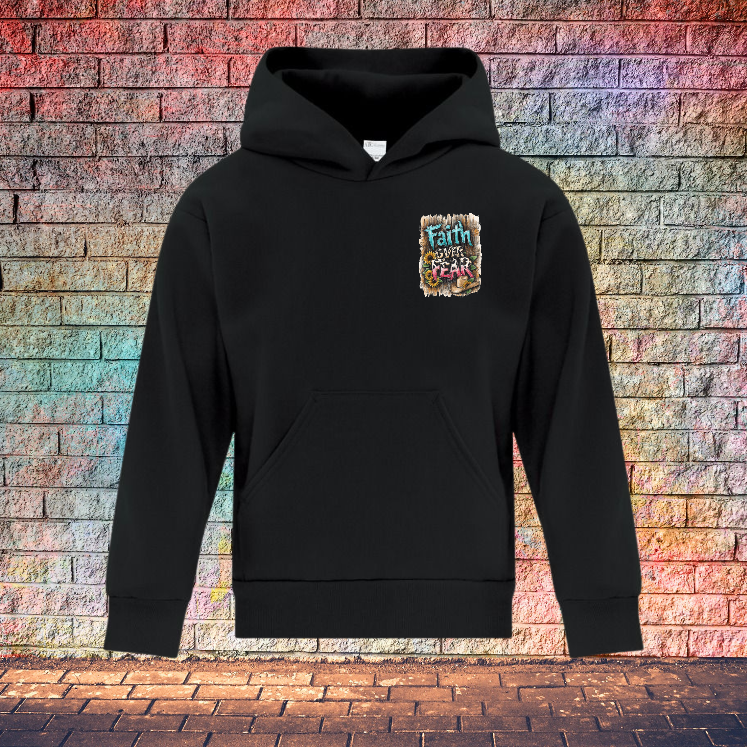 Faith Over Fear Barn Wood Background - Youth Hoodie