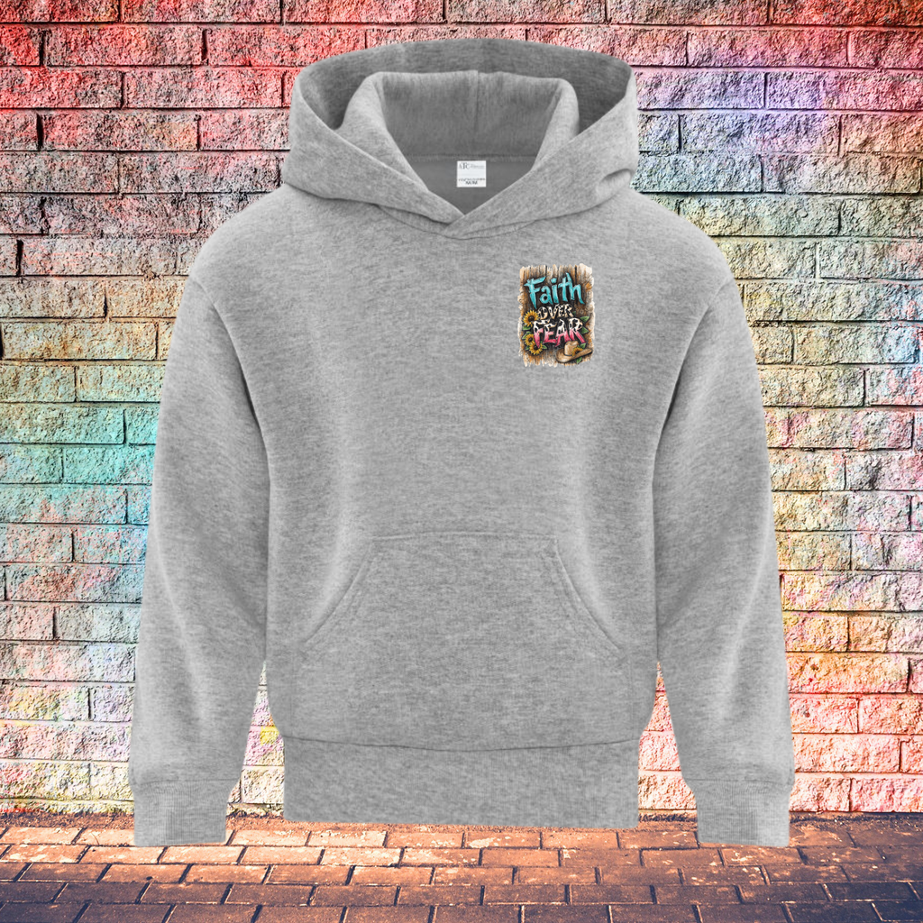 Faith Over Fear Barn Wood Background - Youth Hoodie