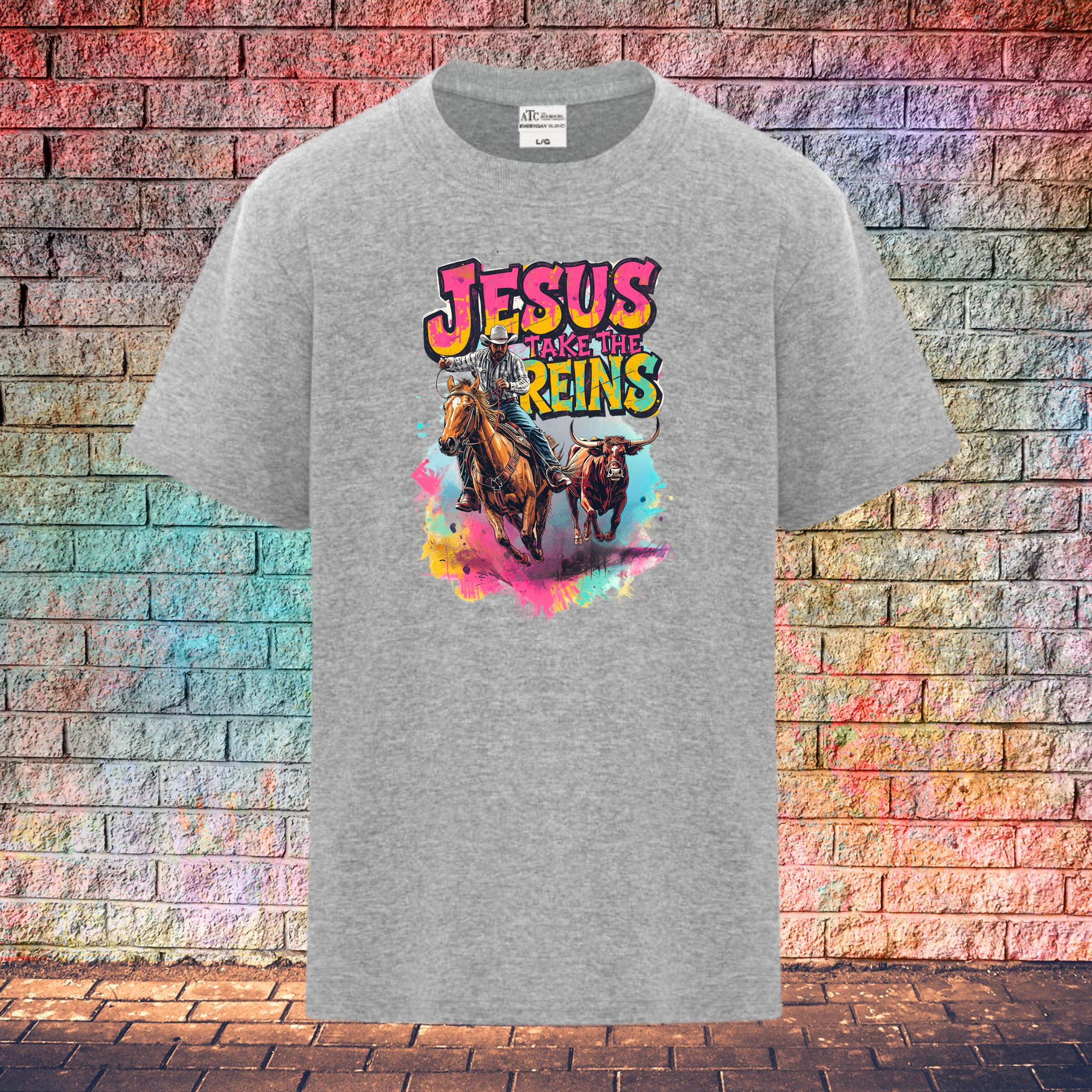 Jesus Take The Reins Cowboy and Bull - Youth T-Shirt
