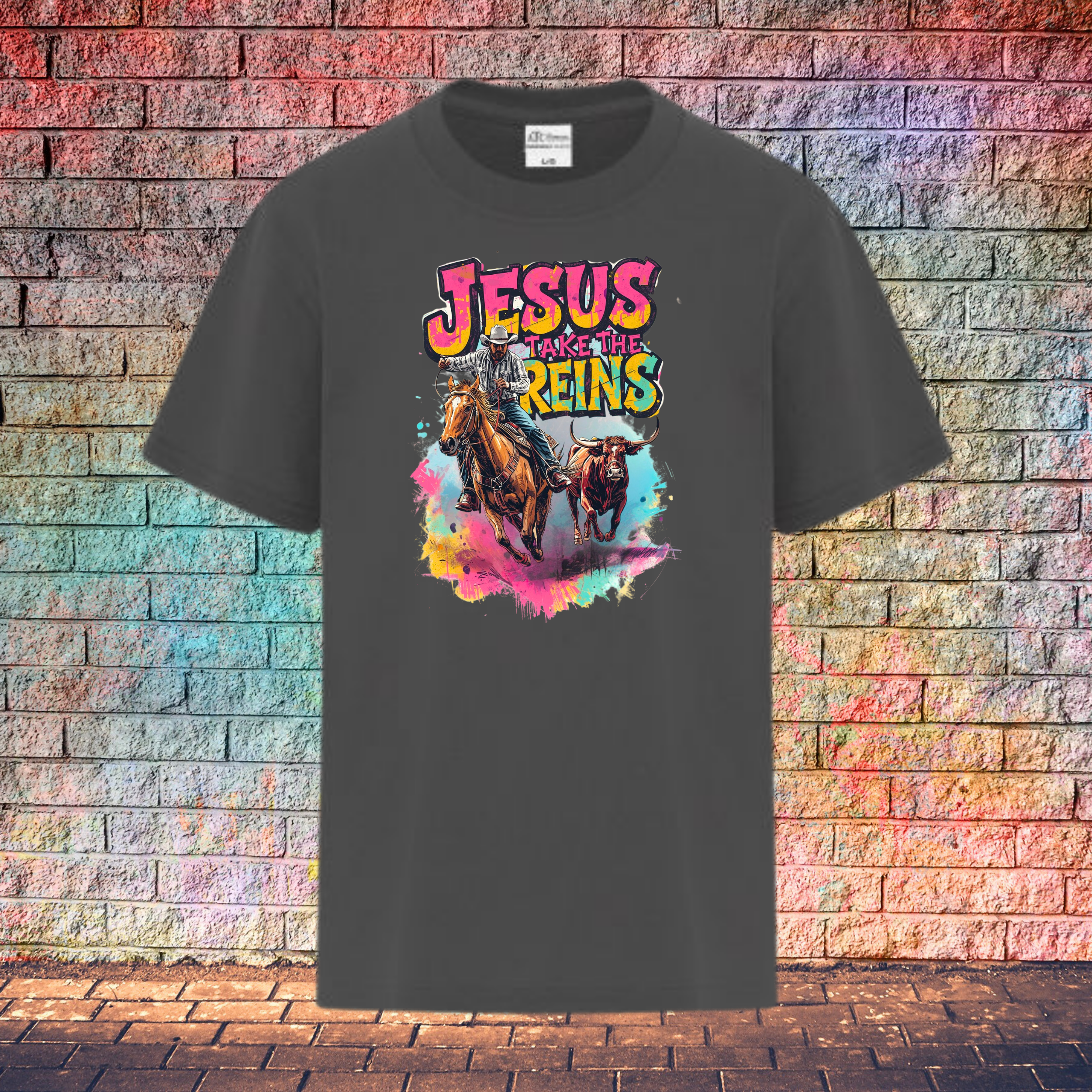 Jesus Take The Reins Cowboy and Bull - Youth T-Shirt