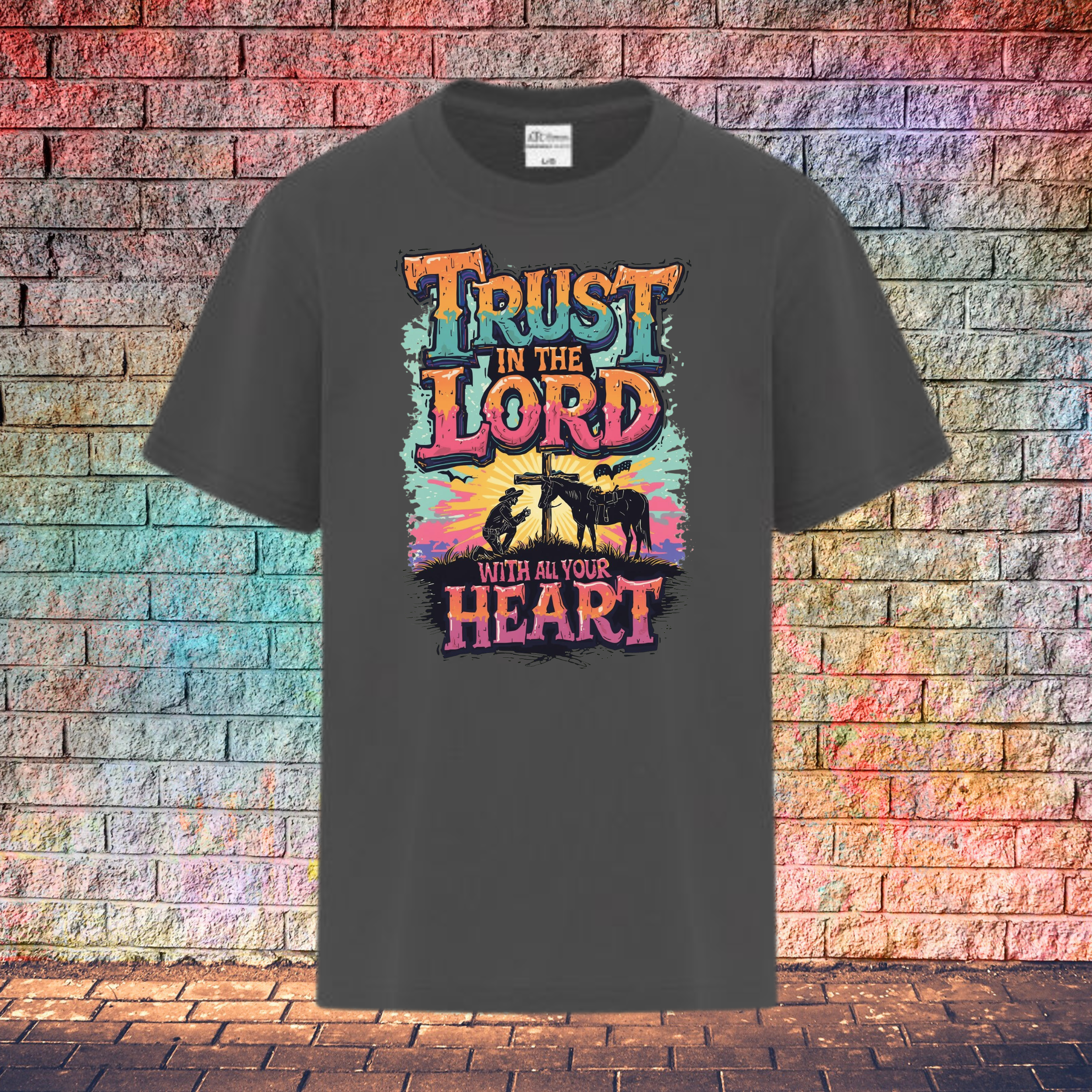 Trust In The Lord With All Your Heart / Orange and Turquoise - Youth T-Shirt