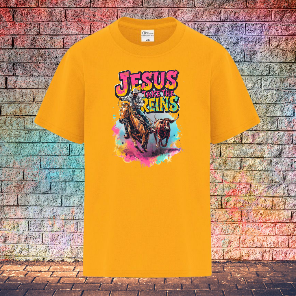 Jesus Take The Reins Cowboy and Bull - Youth T-Shirt