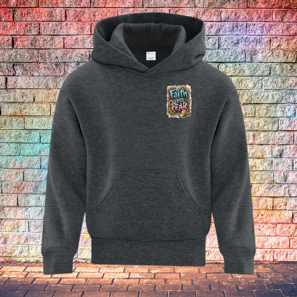 Faith Over Fear Barn Wood Background - Youth Hoodie