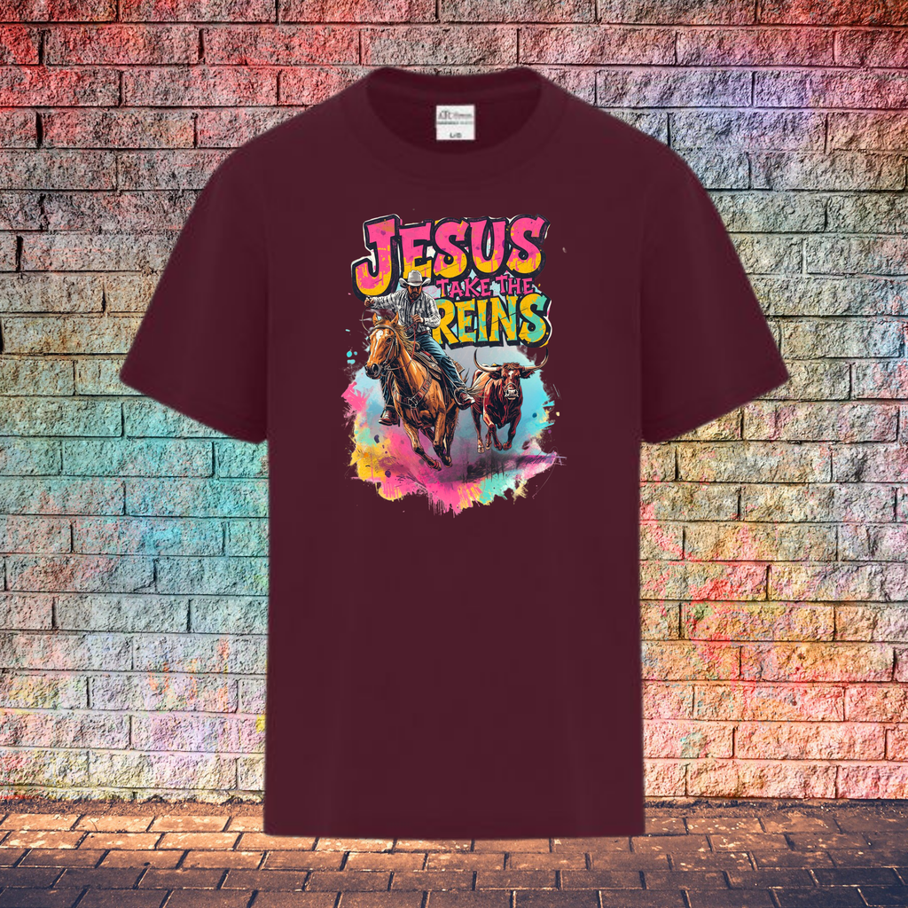 Jesus Take The Reins Cowboy and Bull - Youth T-Shirt