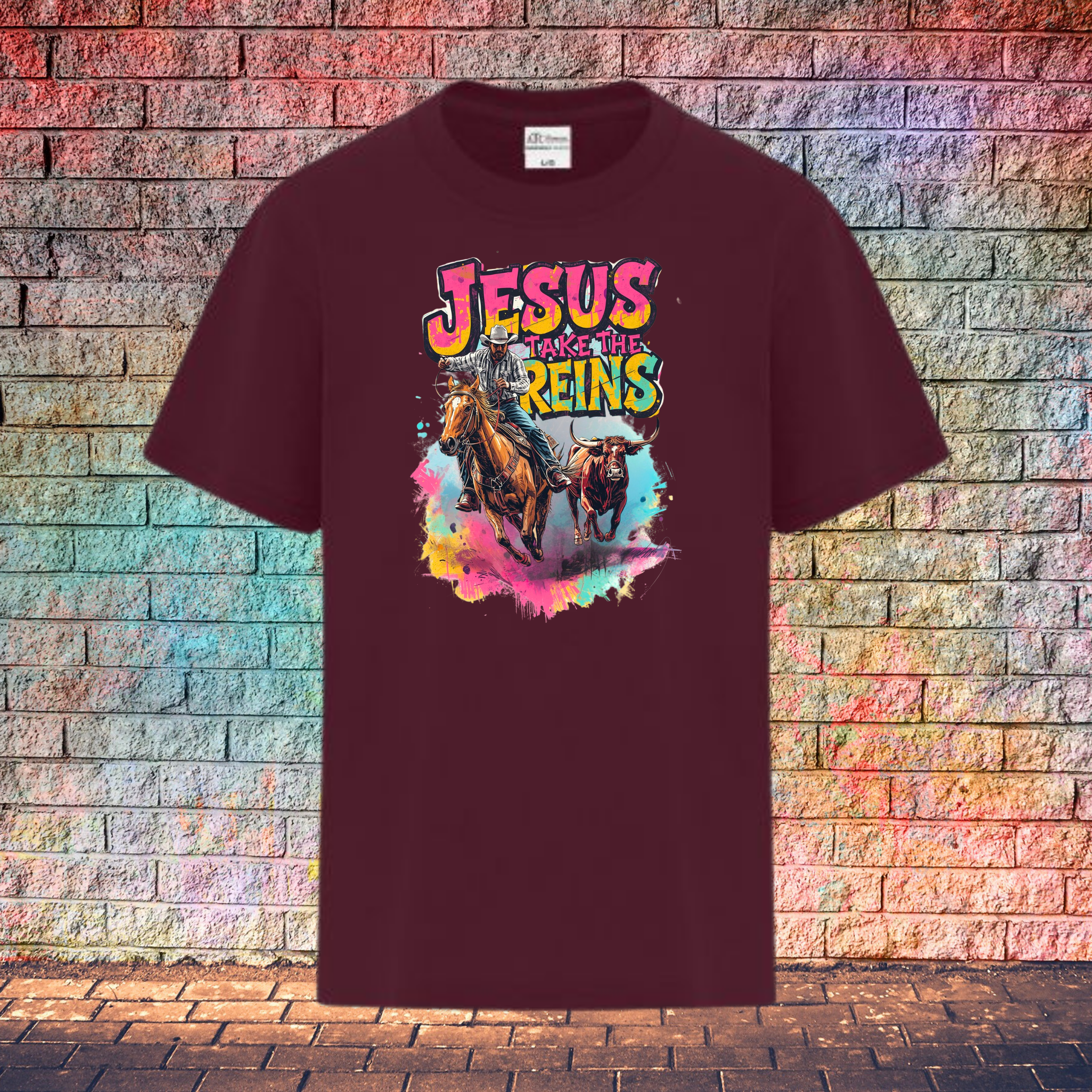 Jesus Take The Reins Cowboy and Bull - Youth T-Shirt