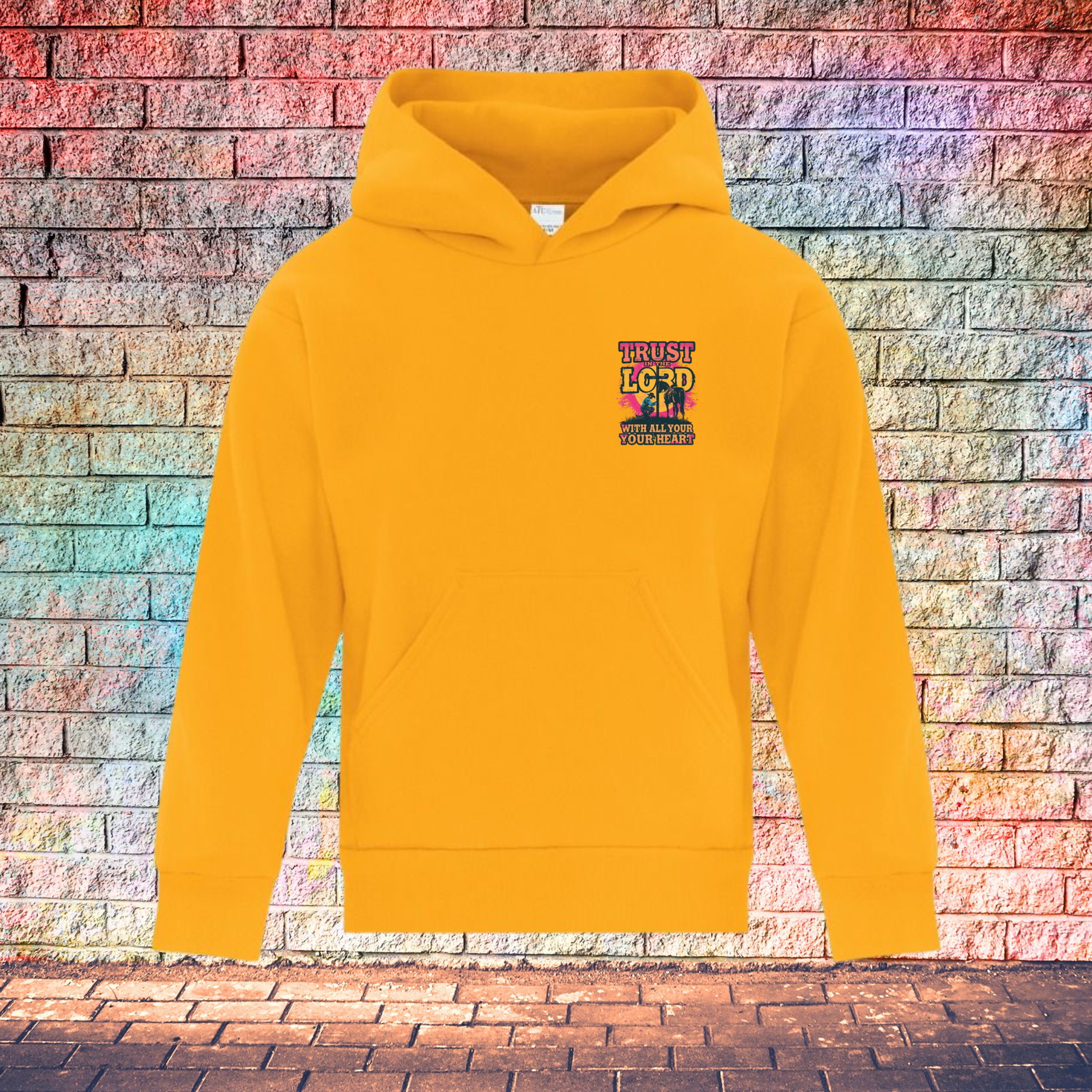 Trust In The Lord With All Your Heart Pink/Yellow - Youth Hoodie