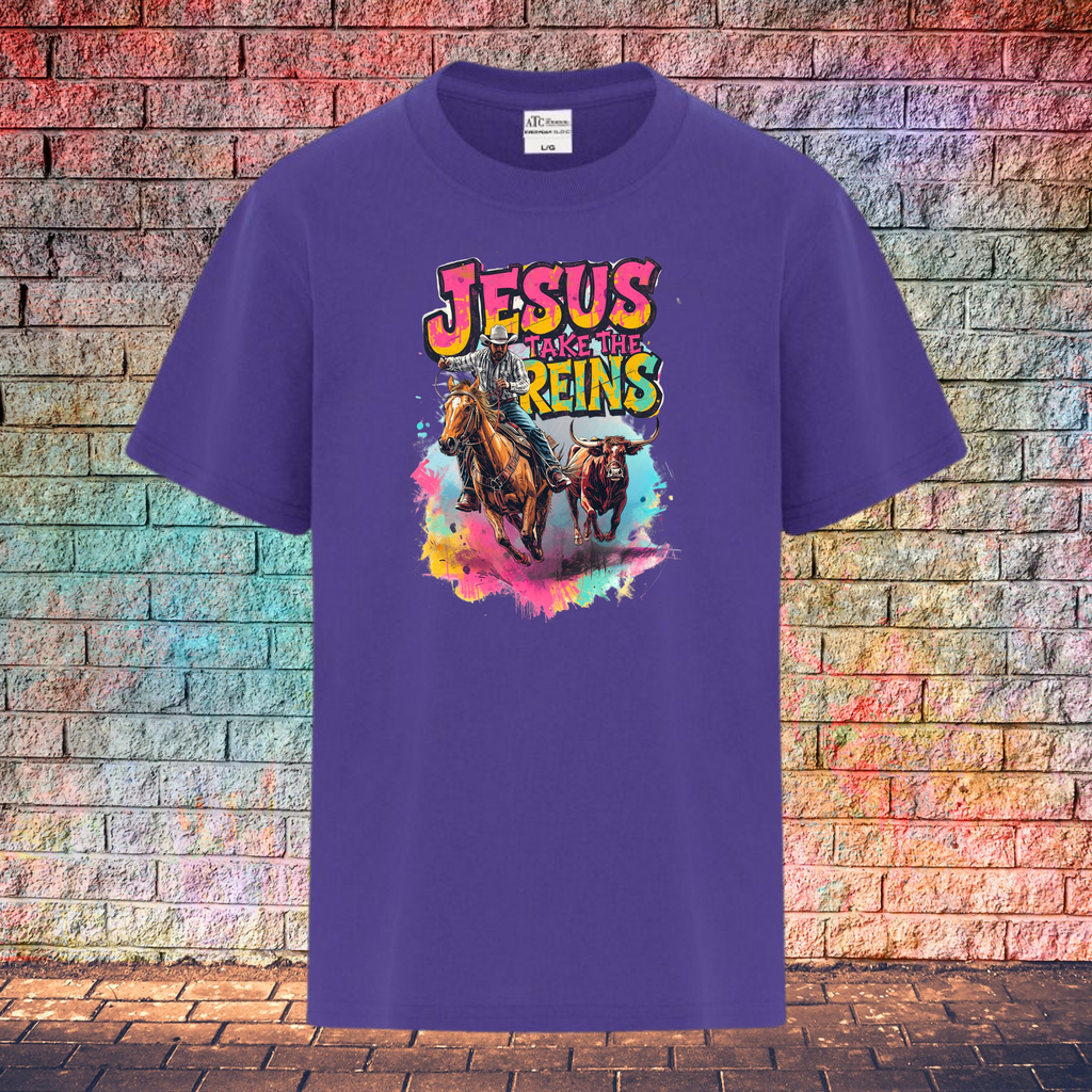 Jesus Take The Reins Cowboy and Bull - Youth T-Shirt