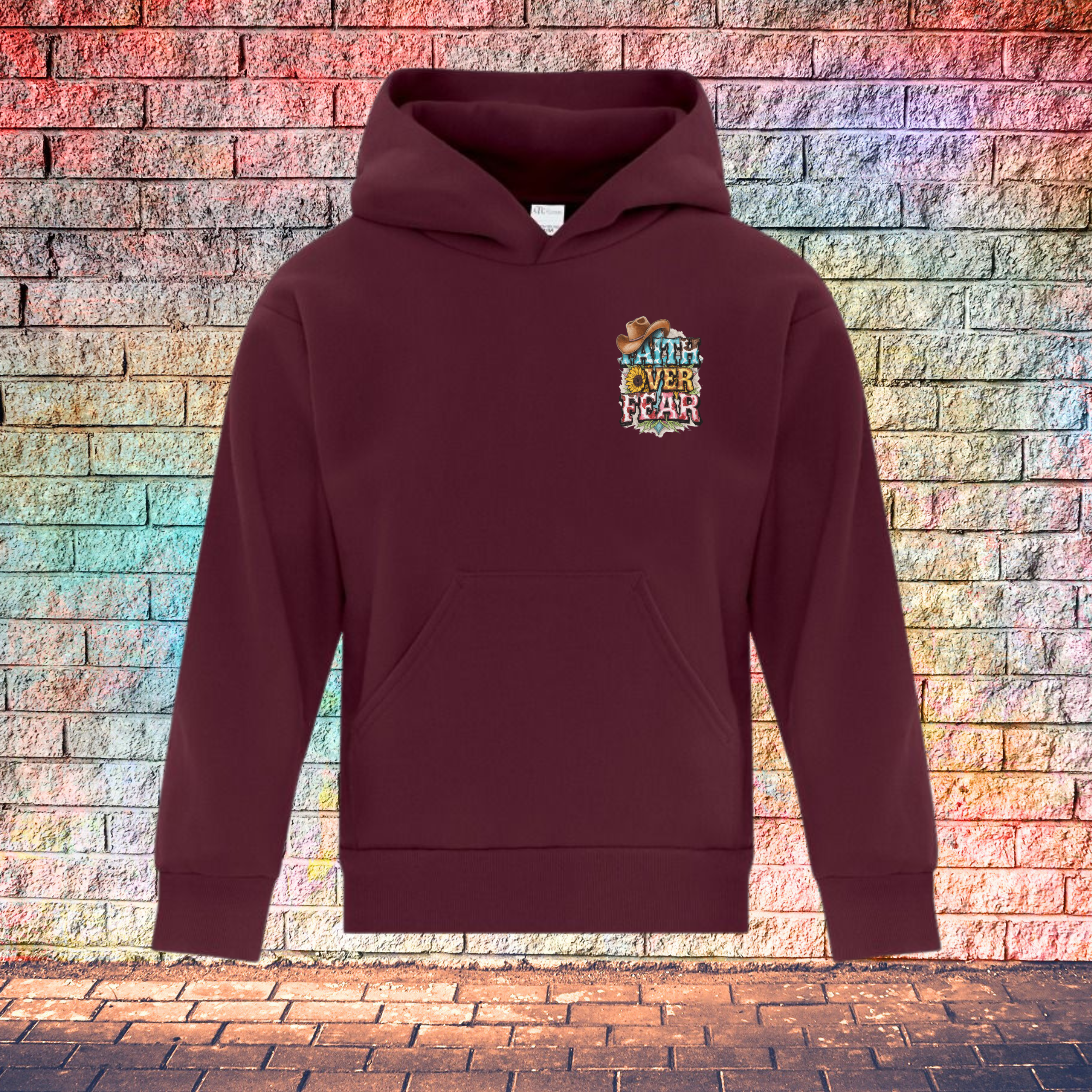 Faith Over Fear Cowboy Hat Left Side - Youth Hoodie
